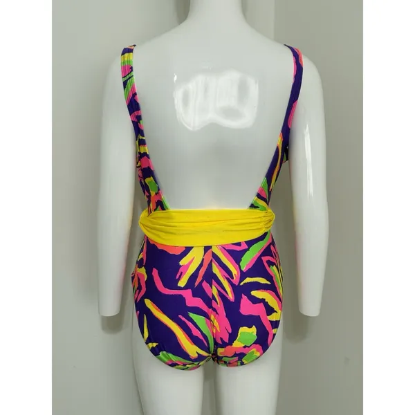 Vintage La Blanca 80s 90s One Piece Swimsuit Women’s Size 14 Neon Abstract Belt - Image 5