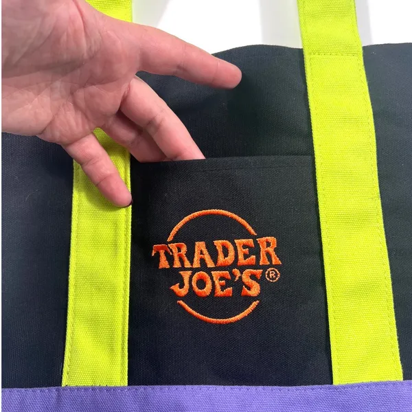 Trader Joe's Mini Canvas Halloween Tote Bag Black Purple Embroidered Logo EUC - Image 3