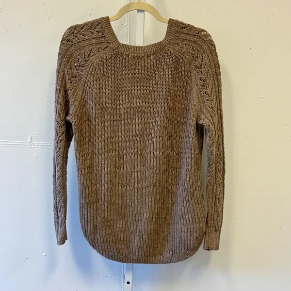 LOFT Ann Taylor Brown Cotton Camel Hair Blend Pointelle Raglan Sweater Women's M - Image 2