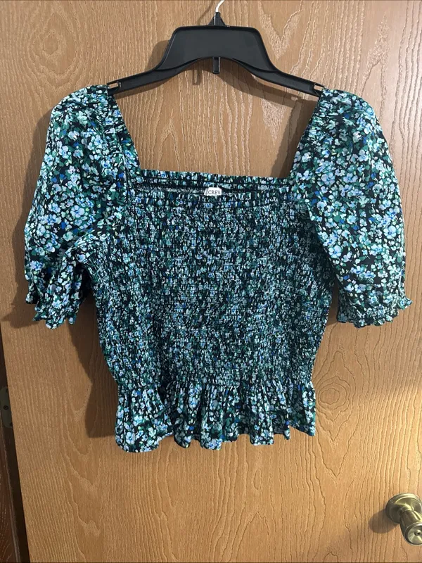 J.Crew Cotton Poplin Smocked Blue Green Floral Top Puff Sleeve Ruffle Hem Medium - Image 2
