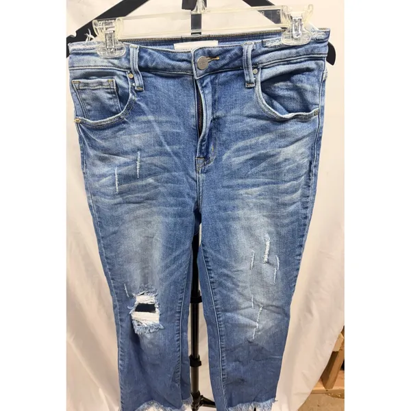 RIsen Jeans Women's Distressed Hi-Rise Medium Wash Raw Hem Bot Crop Jean Sz 29 - Image 2