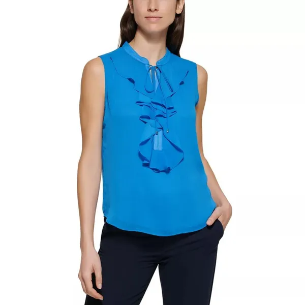 NWT Womens Size Medium Tommy Hilfiger Black Ruffled Tie-Neck Sleeveless Blouse - Image 4