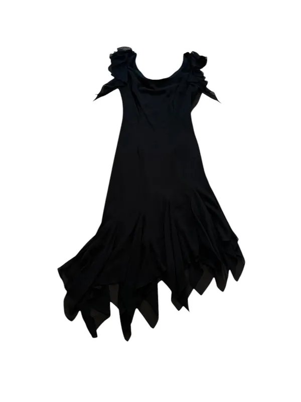 Vintage Alex Evenings Black Chiffon Midi Dress Handkerchief Hem Witchy 90s Y2K - Image 8