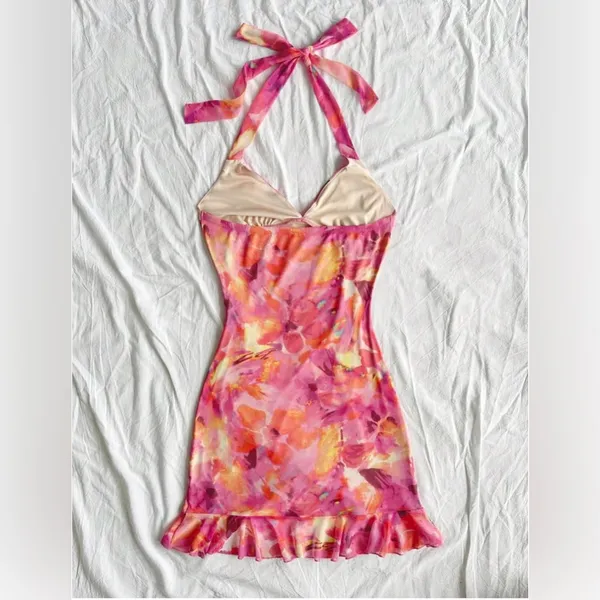 NEW Watercolor Halter Backless Ruffle Trim Bodycon Mini Dress S - Image 2