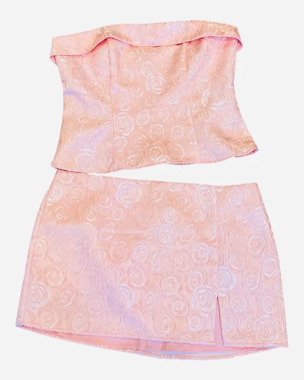 Revolve More to Come Pink Brocade Mini Skirt Strapless Top Set L Floral lined - Image 2