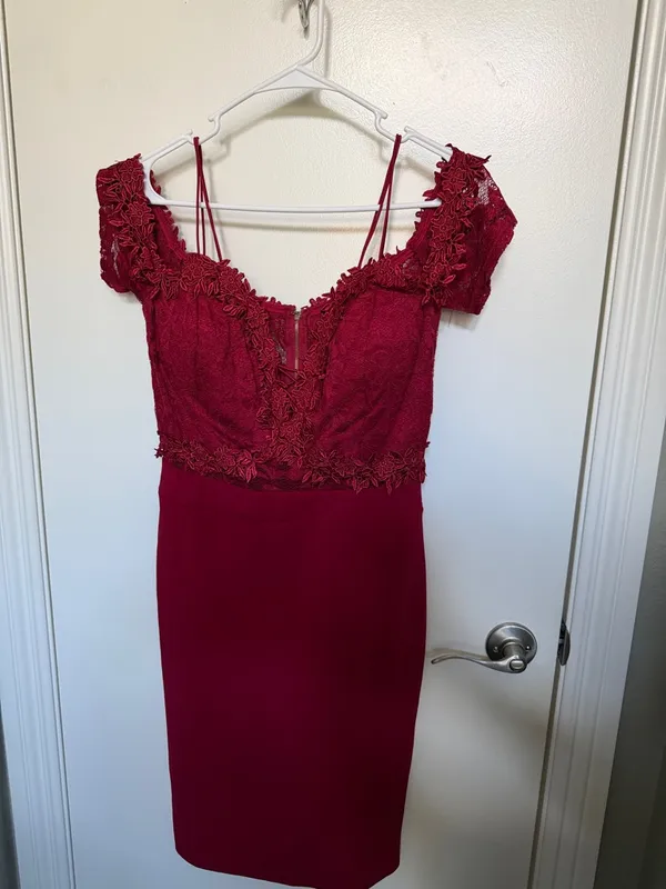Elegant Red Lace Bodice Sheath Dress - Image 3