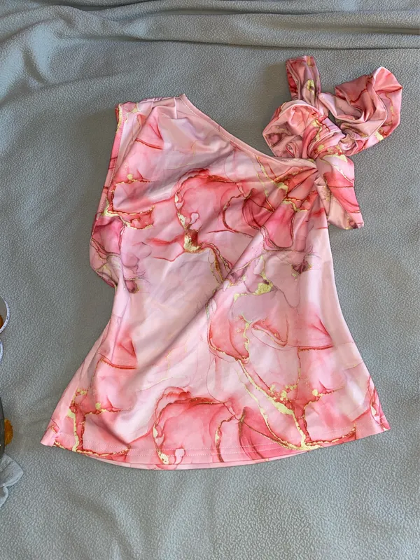 SheIn Pink Floral Y2K Style One Shoulder Top - Image 2