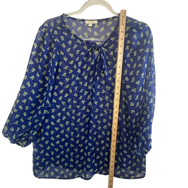 DLEIONE Sheer Bow Print Blouse‎ Blue Tie Neck Long Sleeve L Made in USA - Image 10