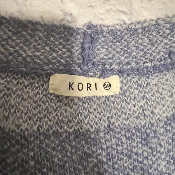 KORI Checkered Cardigan‎ Sweater Knit Button Up Cozy Blue White Small - Image 2
