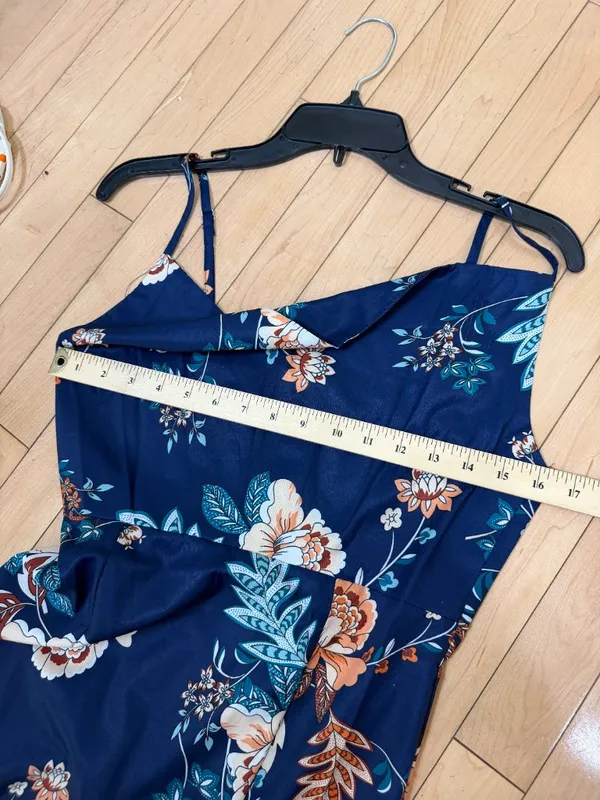 Drape Neck Floral Tank Dress with Side Slit Size Small Navy - Image 7