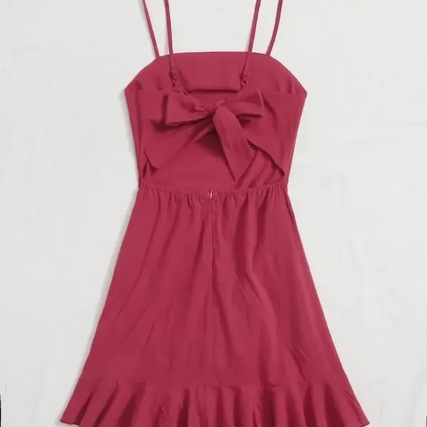 Red Tied Open Back Ruffle Trim Wrap Front Cami Dress L - Image 3
