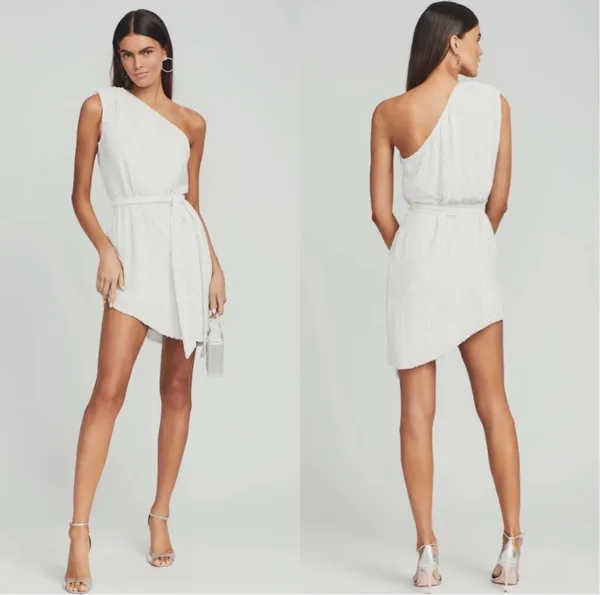 Retrofête Mini Dress White Sequin Belted Iridescent Small - Image 3