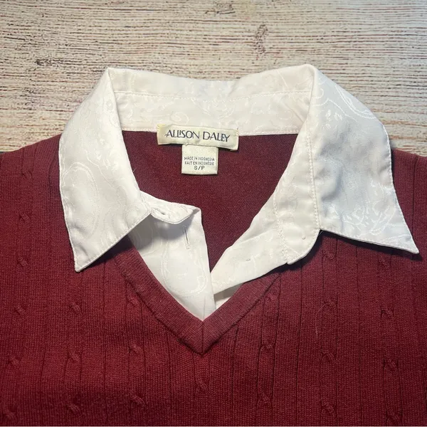 Vintage 90s Academia Sweater‎ Top Womens Small Red Knit Preppy Fall Collared Y2k - Image 4