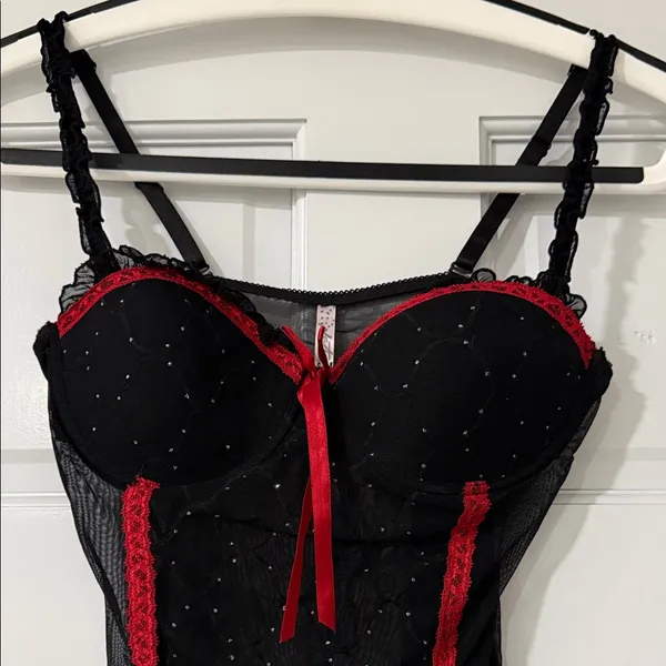 Native Intimates Babydoll Teddy 36B Medium Black Red Lace Sheer Rhinestones - Image 4