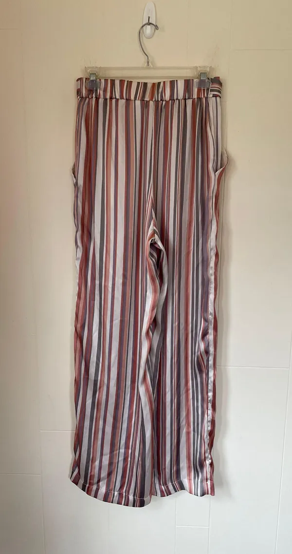 satin striped pants elastic waist belted pink grey women’s size M - Image 2