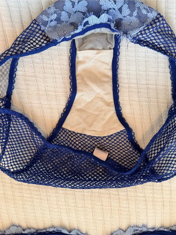 Victoria's Secret Blue Floral Lace Underwire Bra & Panty Set NWOT 32DDD - Image 6