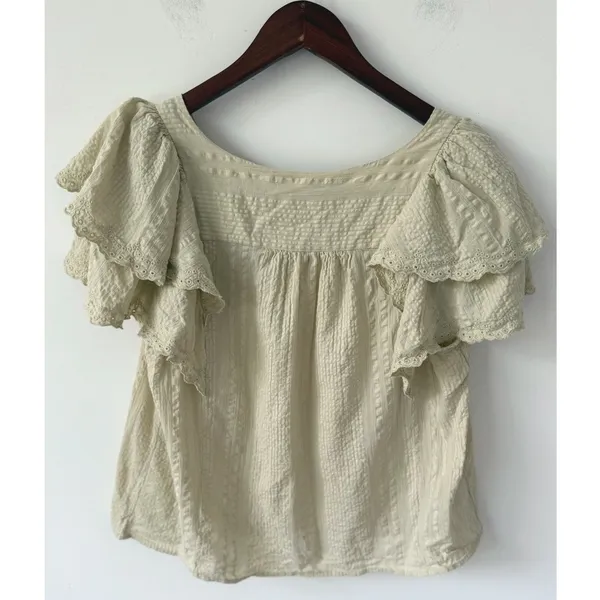 Loft Women's Sz Large 100% Cotton V-Neck Ruffle Sleeve Eyelet Trimmed‎ Blouse - Image 3