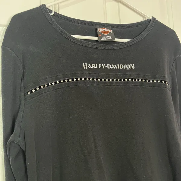 Harley Davidson Biker Black Rhinestone Studded Long Sleeve Shirt Top Women's 2X - Image 2