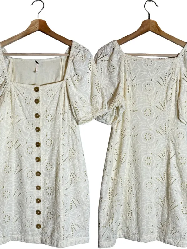 Free People Daniella Eyelet Mini Dress Women's 2 Ivory Puff Sleeve Boho Cotton - Image 4