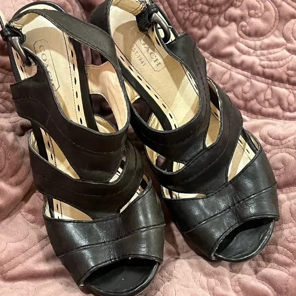 Coach Dark Brown Leather Wedge Sandals - Image 2