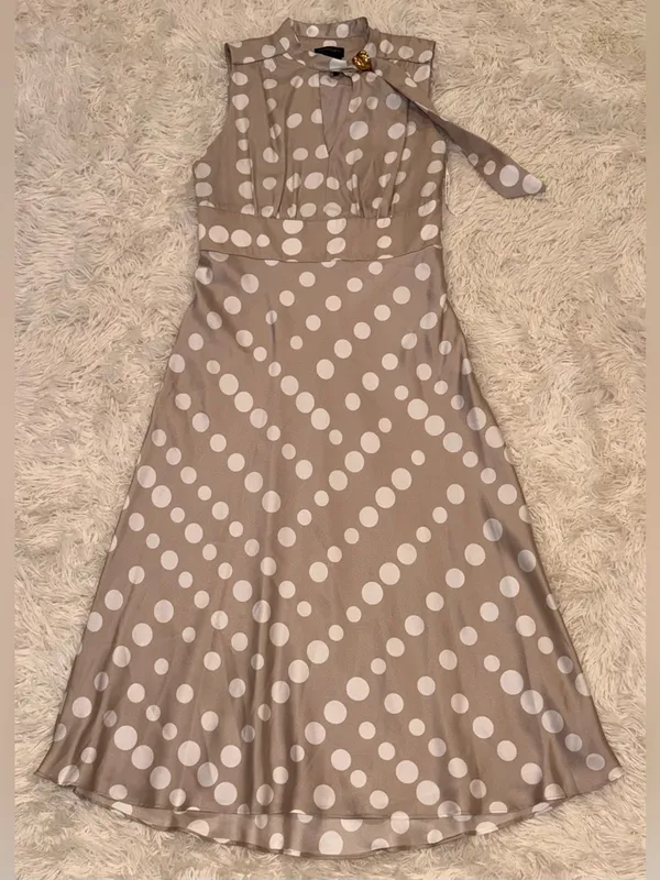 NEW Donna Karan Polka Dot French Twill Scarf Tie Neck Sleeveless Midi Dress 10 - Image 6