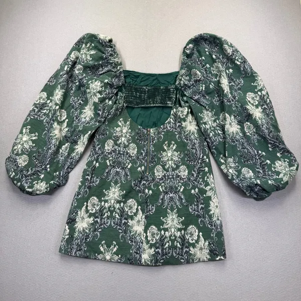 Free People Chloe Mini Dress Green Floral Velvet Square Neck Balloon Sleeve M - Image 9