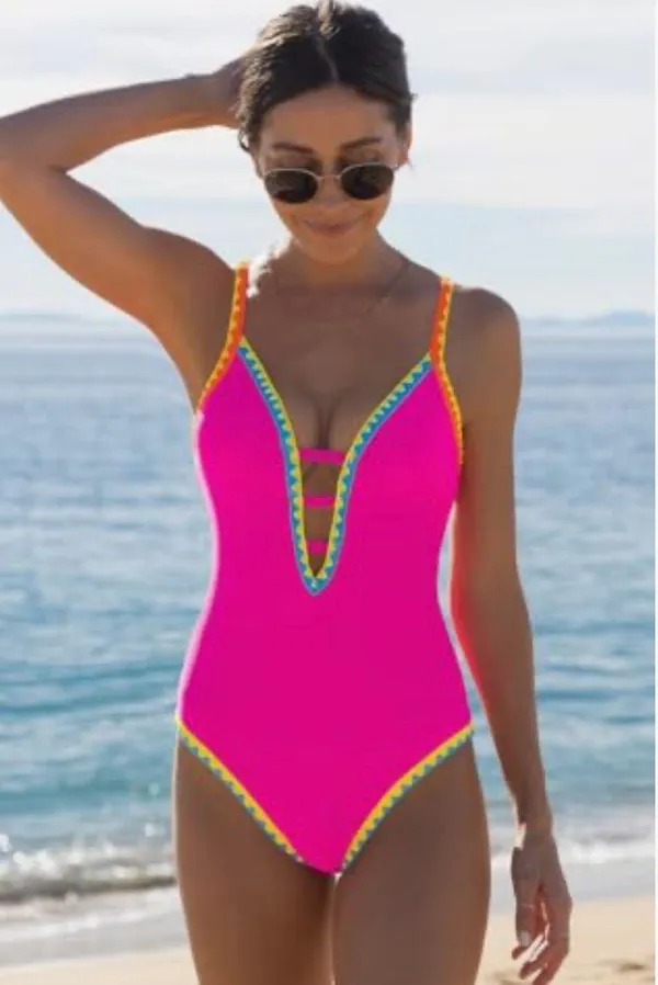 Popvil Women OnePiece Swimsuit Deep V Neck Neon Cute Bathing Suit Back Tie Swim Suits - Image 4