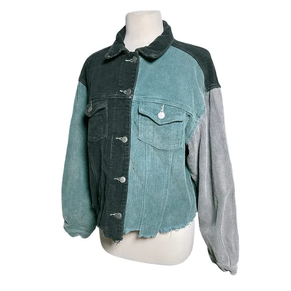 POL Women’s Colorblocked Raw Hem Distressed Button Up Jacket - Image 3