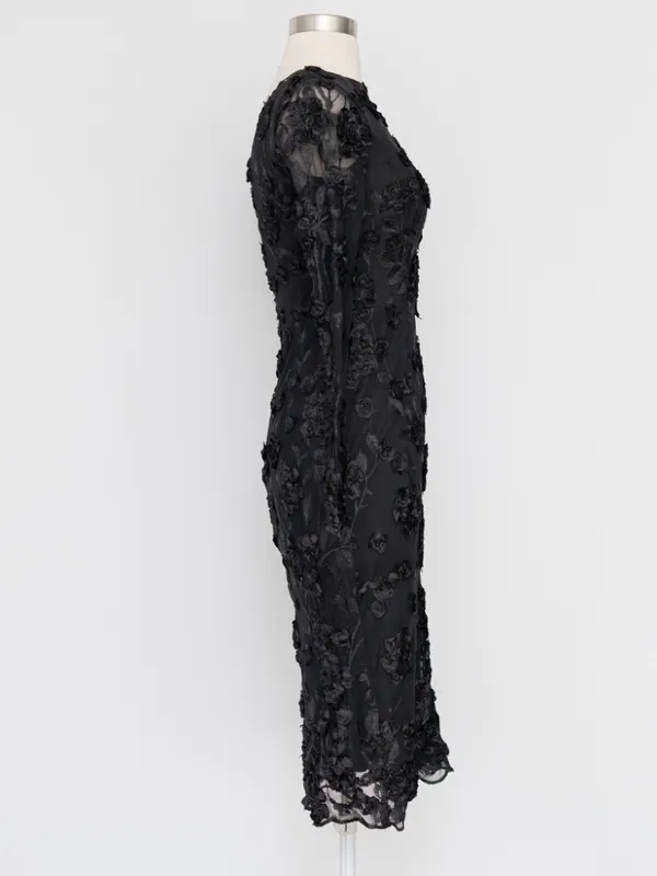 AQUA Formal - Black 3D‎ Floral Appliqué Sheer Sleeve Midi Dress - Image 5