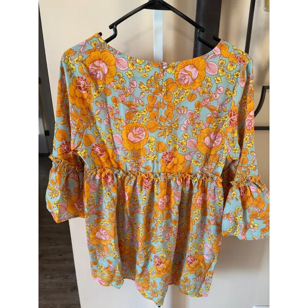 Agnes & Dora Sway Top Floral Babydoll Blouse Orange Blue Ruffle Sleeve Medium - Image 5