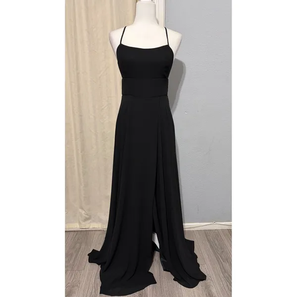 Lulus Black Sparkly Chiffon Maxi Dress Small Square Neck Open Back Side Slit - Image 3