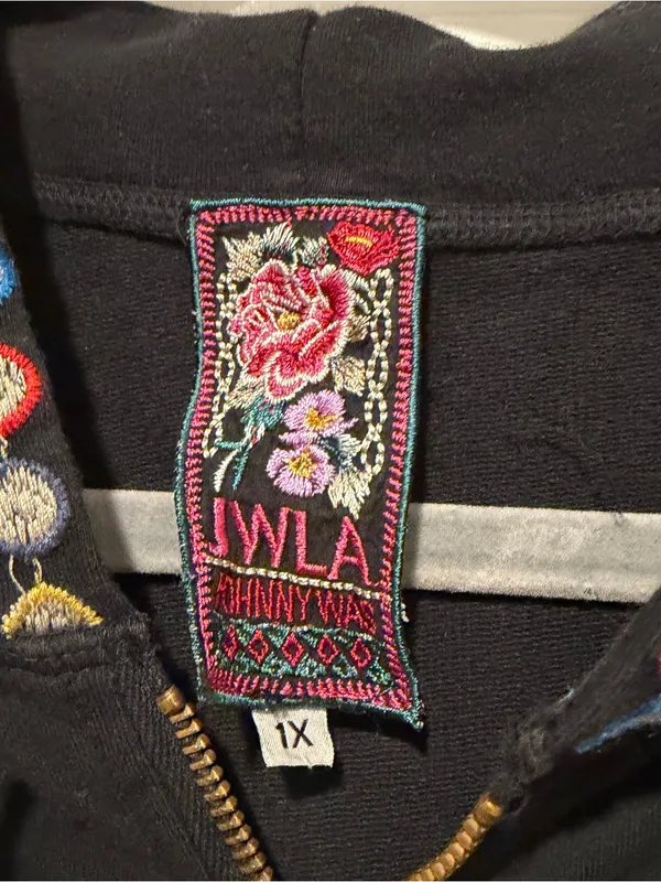 JWLA Johnny Was Zip Hoodie Jacket Embroidered Floral Boho Black Size 1X - Image 2