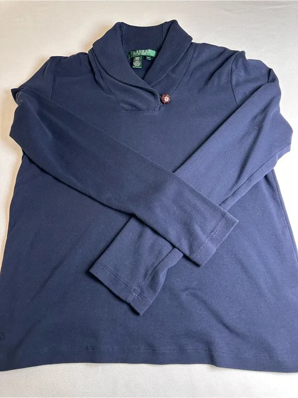 Lauren Ralph Lauren Women’s Petite P/L Navy Blue 100% Cotton Shawl Collar Top - Image 7