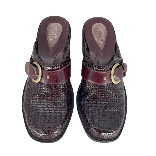 Clarks Artisan Collection Burgundy Leather Woven Clogs Buckle Mules Size 8M‎ - Image 5