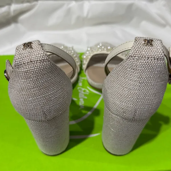 NEW Sam Edelman Sz‎ 8Yaro Perla Open Toe Silk Tweed 4” Dazzling Heels Tan - Image 11