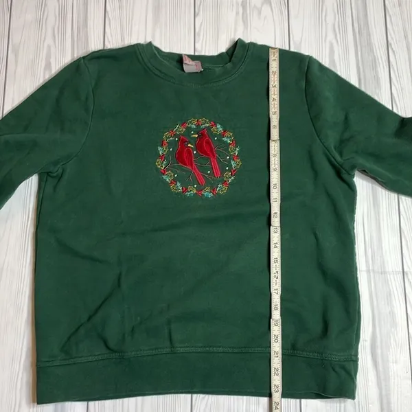 Y2K Vintage Granny Style Cardinal Christmas Sweatshirt Green Large - Image 6