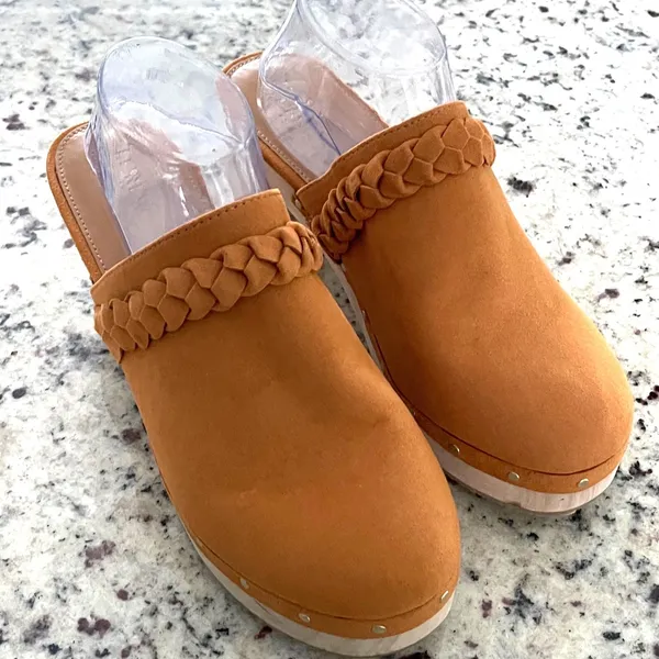 J.Crew Braided Clog Mules Tan Suede Wood‎ Platform Studded BJ249 Mens 9.5 NWOB - Image 2