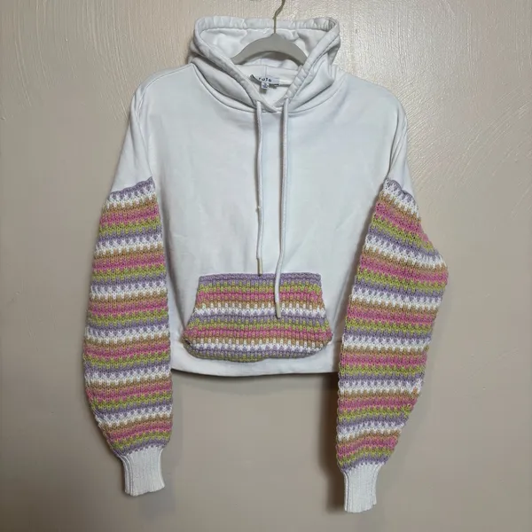 FATE Women's Sweatshirt Hoodie Knitted Details Sleeves‎ Pouch Pocket White Small - Image 2