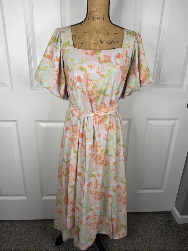 Gibson Latimer Floral Puff Sleeve Midi Dress Belted Size L - Image 2