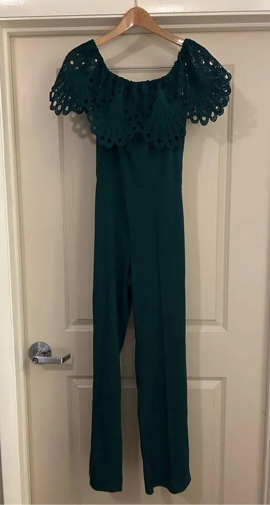 NEW Green Off Shoulder Solid Wide Leg Jumpsuits L NO BELT - Image 3