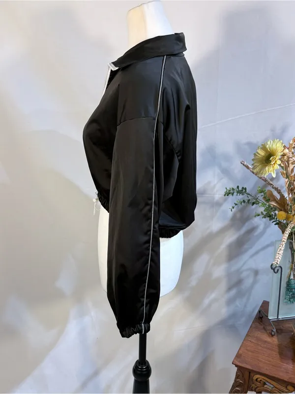 💥Polly Cropped Windbreaker Jacket Black White Zip Toggle Hem Lightweight S/M💚 - Image 7