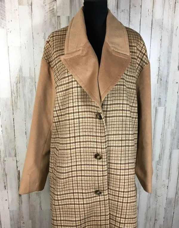 Mural Plaid Longline Coat Jacket Wool Blend Brown Size XL - Image 4