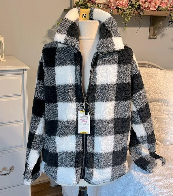 Sherpa Cozy Jacket Fluffy Zip Black White Buffalo Checkerboard Comfy Womens M - Image 3