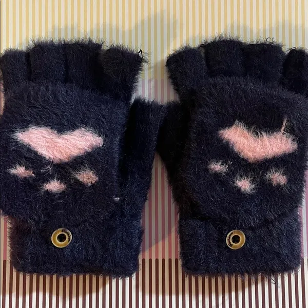 Navy and Pink Cozy Fingerless Gloves with Paw Print - Image 2