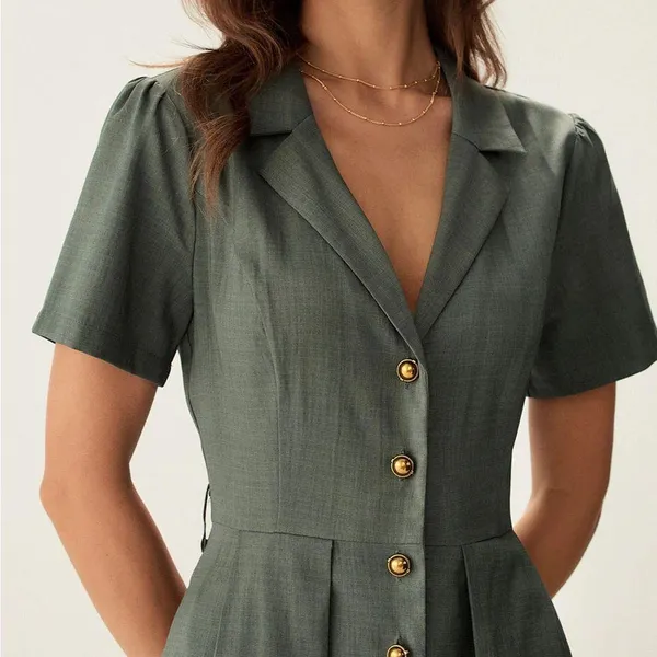 RIHOAS Green V Neck Pleated Button Midi Dress - Image 4