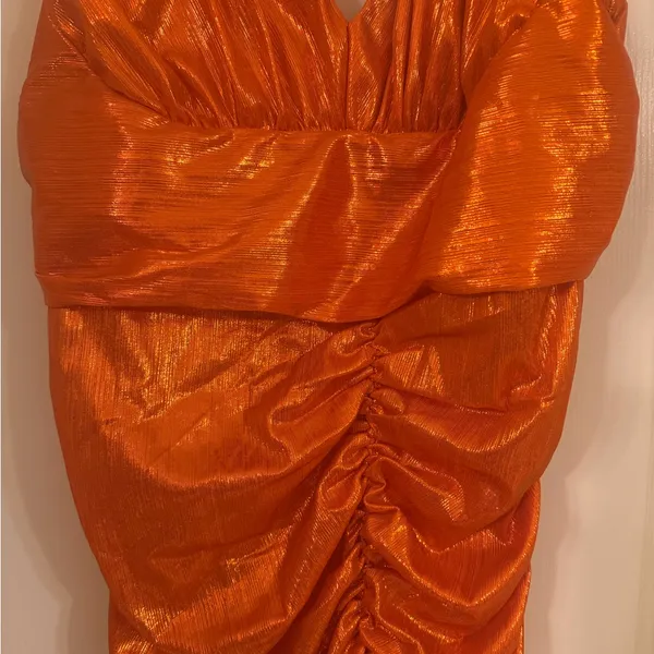 Loragal Shiny Orange with faux fur on the shoulders Dress! NWT! - Image 4