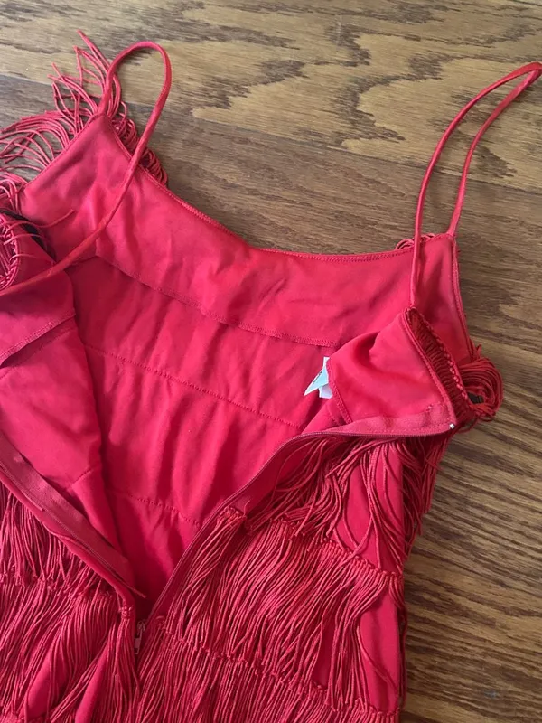Vintage 90s Rare Roberta Red Fringe Flapper Mini Dress Size Small Cocktail - Image 9