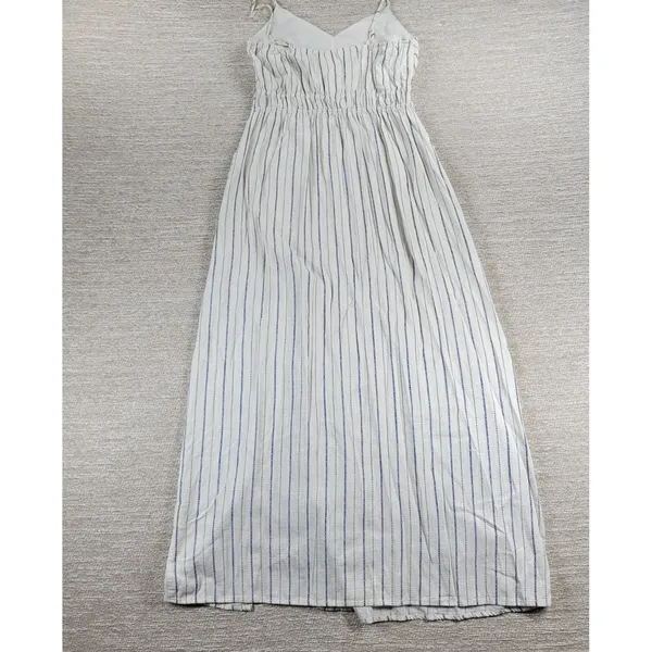 Monteau Los Angeles Linen Maxi Sundress Large White Blue Striped Rayon Slit - Image 13