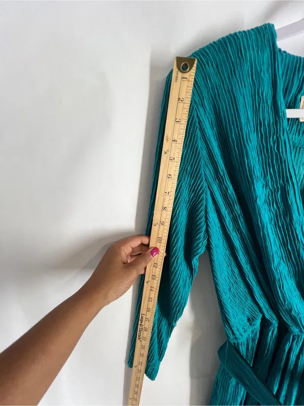 Vintage Pellini Petites Teal Crinkle Belted‎ Dress 3/4 Petite - Image 13