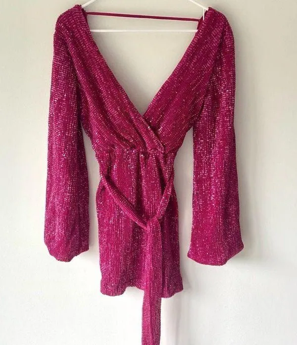 Hello Molly Static Memory Pink Sequin Dress Mini Long Sleeve Sparkle Party - Image 4